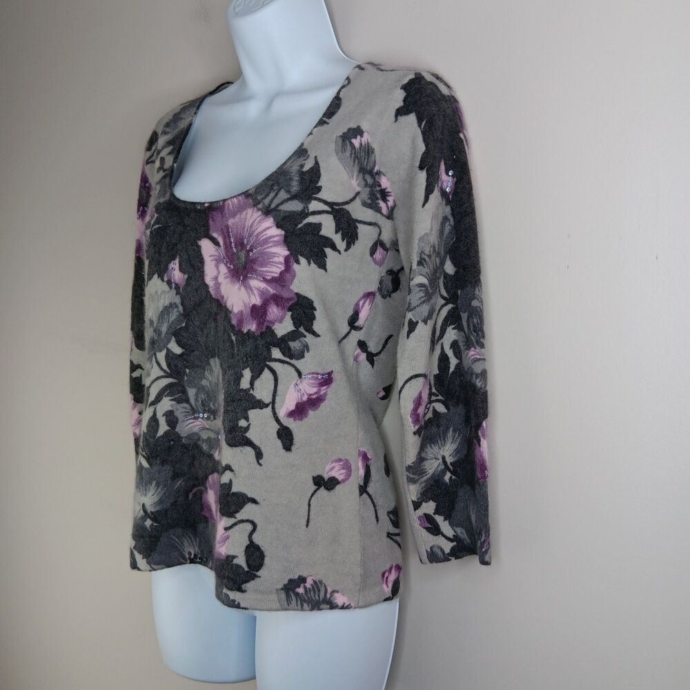 Cache Sweater Women Large Lambswool Angora Floral Gray Soft Classy Sophisticated - Picture 2 of 6